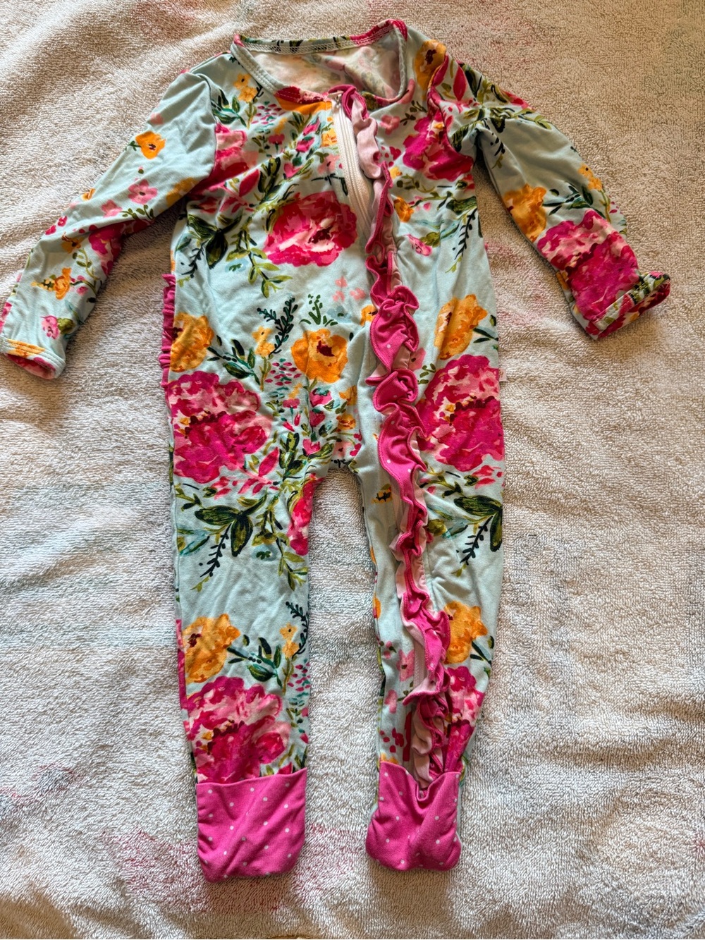 SweetHoney Floral Ruffle Footed One-Piece - Pink, Yellow & Green